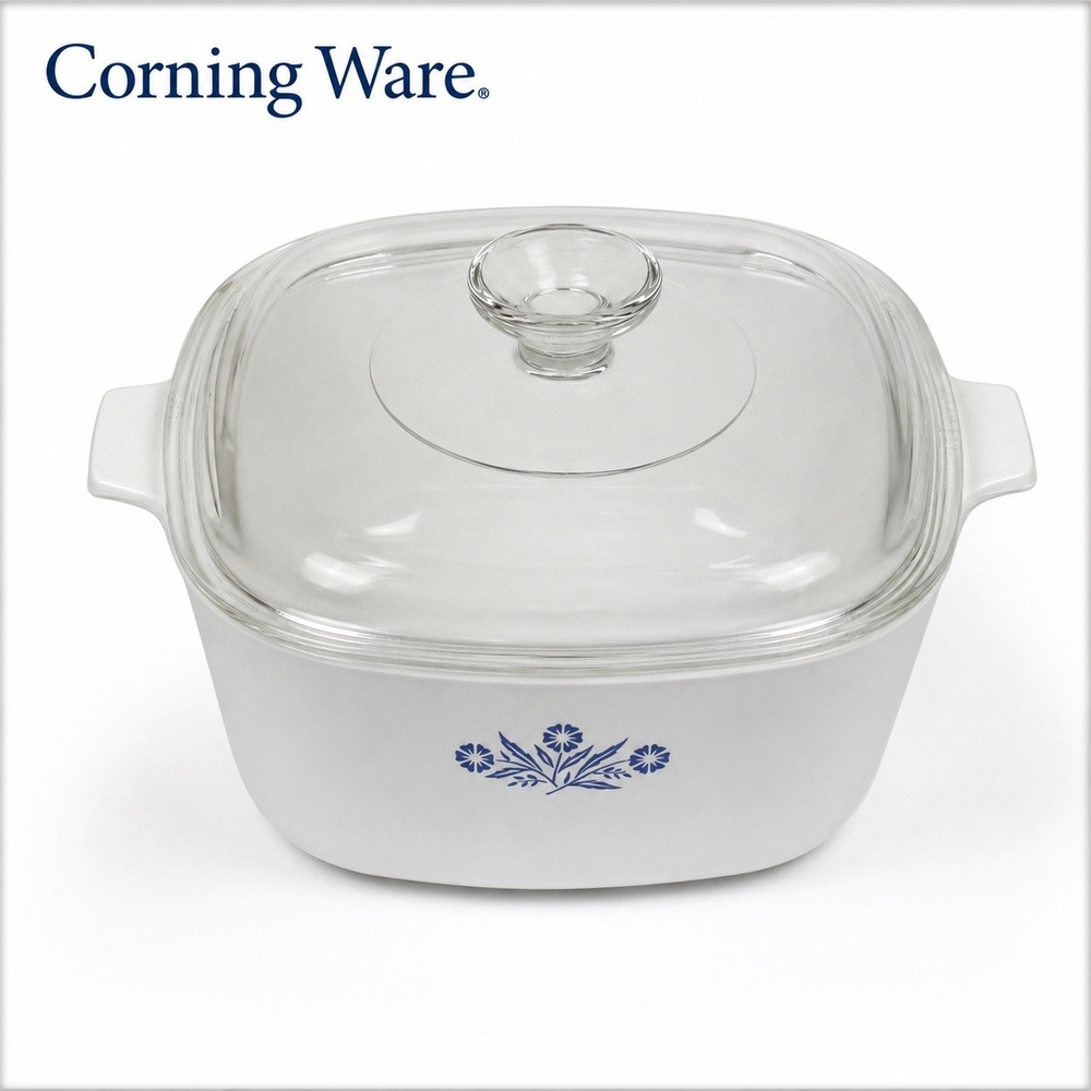 Vintage Corning Ware Cornflower Blue Casserole Dish with Glass Lid Square Baker